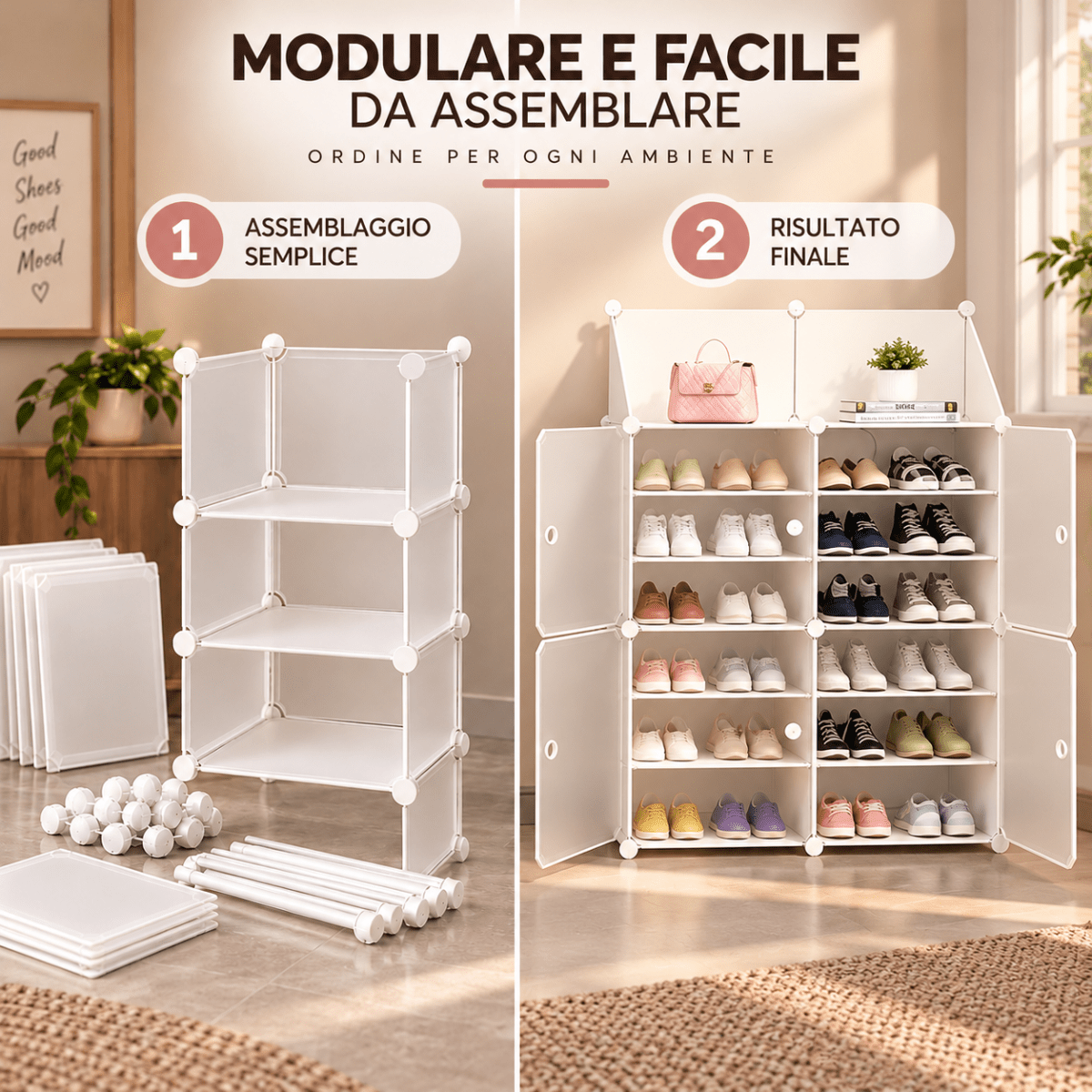 Scarpiera Smontabile Modulare a 4 Ante con 12 Ripiani, Struttura in Acciaio, Armadio Portascarpe Salvaspazio con Ante, Organizer per Ingresso, Camera e Corridoio - Bianco - | Prendilo Subito