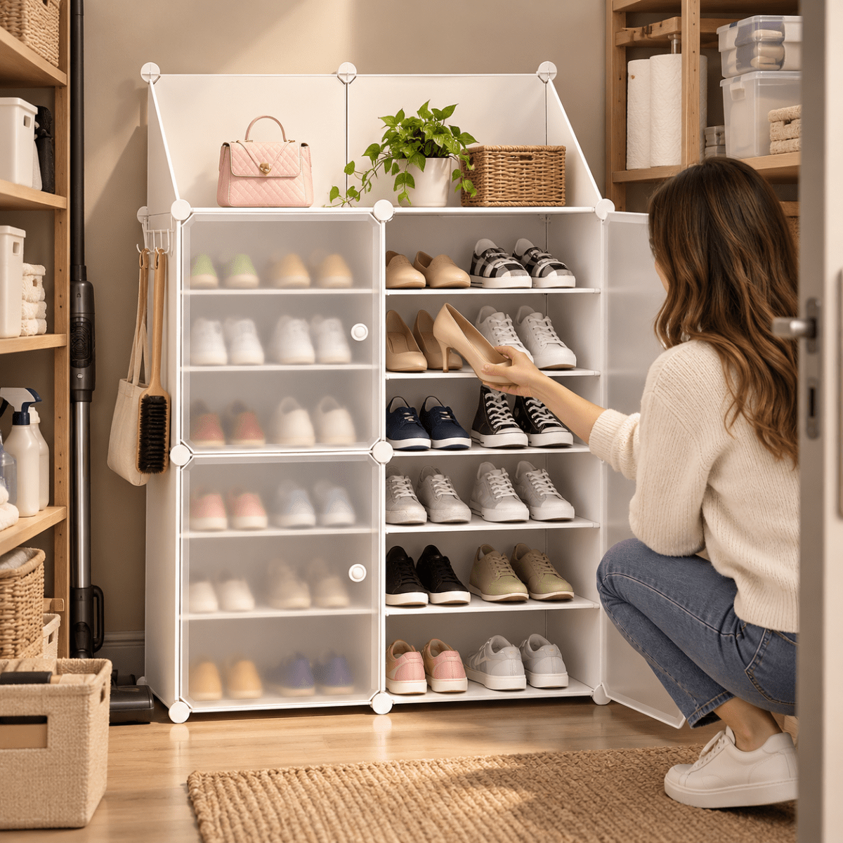 Scarpiera Smontabile Modulare a 4 Ante con 12 Ripiani, Struttura in Acciaio, Armadio Portascarpe Salvaspazio con Ante, Organizer per Ingresso, Camera e Corridoio - Bianco - | Prendilo Subito