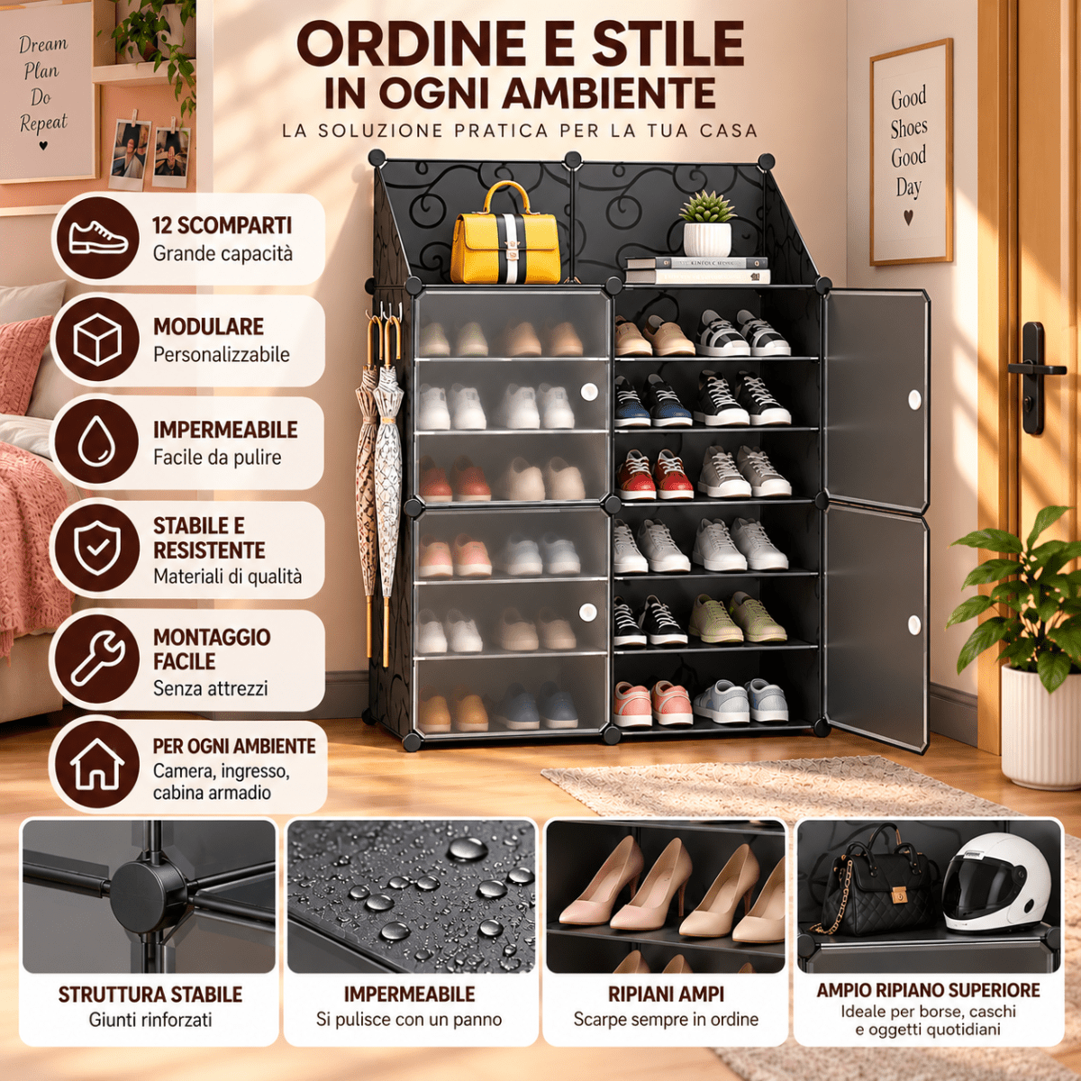 Scarpiera Smontabile Modulare a 4 Ante con 12 Ripiani, Struttura in Acciaio, Armadio Portascarpe Salvaspazio con Ante, Organizer per Ingresso, Camera e Corridoio - Nero - | Prendilo Subito