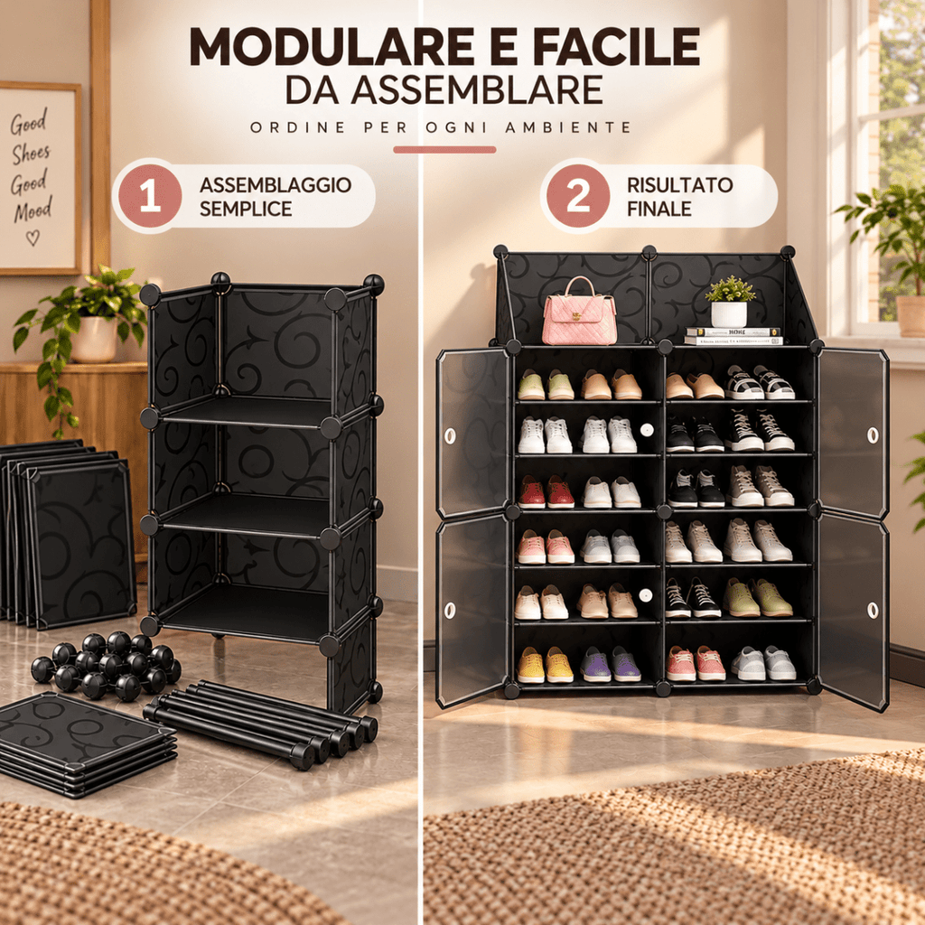 Scarpiera Smontabile Modulare a 4 Ante con 12 Ripiani, Struttura in Acciaio, Armadio Portascarpe Salvaspazio con Ante, Organizer per Ingresso, Camera e Corridoio - Nero - | Prendilo Subito