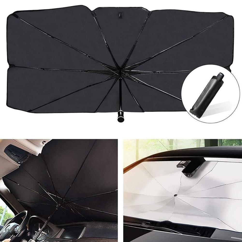 Parasole per parabrezza auto nero pieghevole, chiuso con maniglia e chiusura.