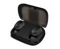 Auricolari sportivi wireless nero con microfono e custodia aperta, due auricolari