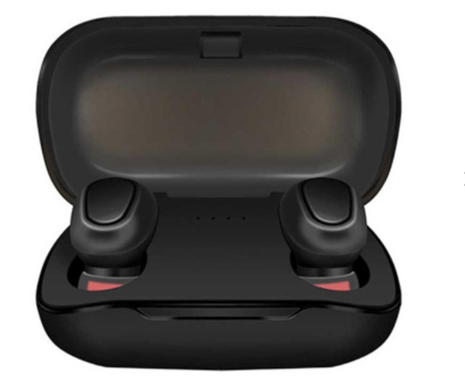 Auricolari sportivi wireless neri con microfono, custodia aperta vista frontale