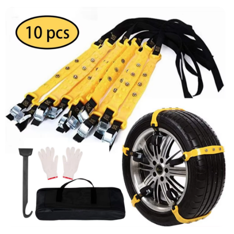 Kit di catene da neve universali gialle con 10 pezzi e accessori per pneumatici