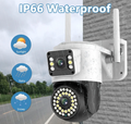 Telecamera IP WiFi da esterno bianca con doppio obiettivo e fari LED circolari, staffa
