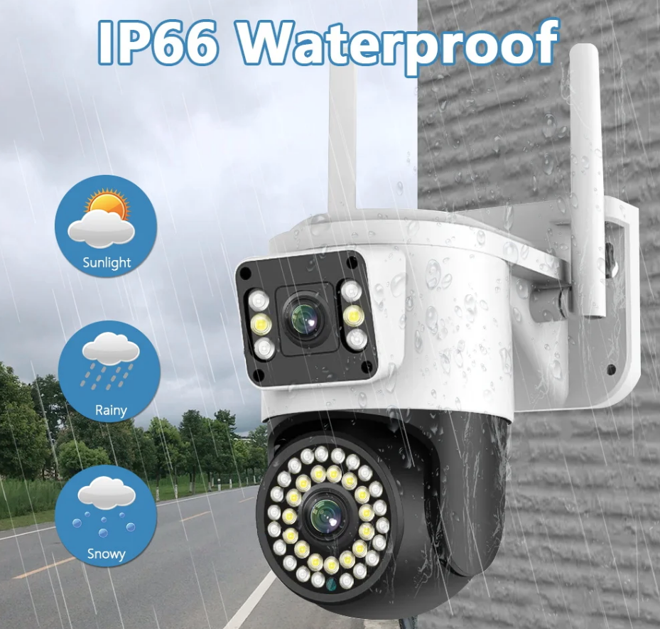 Telecamera IP WiFi da esterno bianca con doppio obiettivo e fari LED circolari, staffa