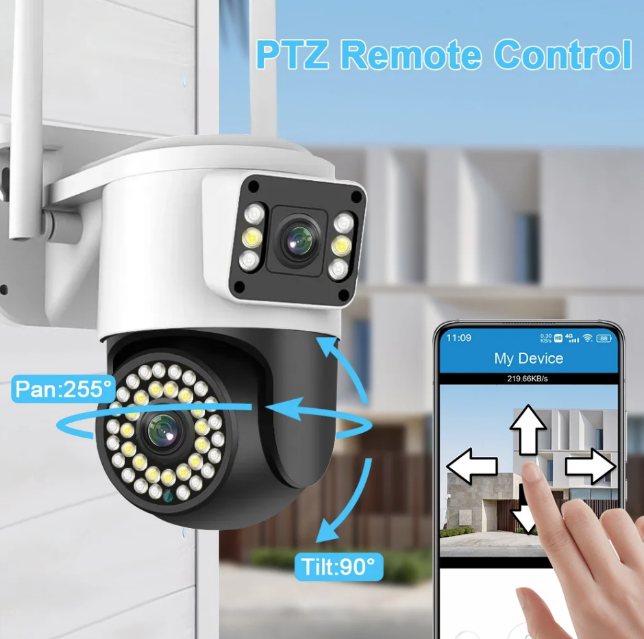 Telecamera IP WiFi da esterno bianca con doppio obiettivo e illuminazione LED, supporto a parete