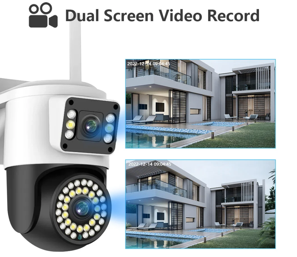 Telecamera IP WiFi da esterno bianca con doppio obiettivo e LED circolari rotanti