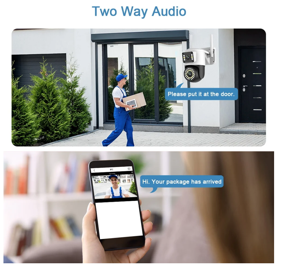 Telecamera IP WiFi da esterno bianca con doppio obiettivo e LED, montata sopra la porta