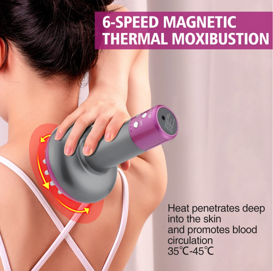 Massaggiatore elettrico portatile viola e grigio mentre massaggia la spalla con luce rossa.