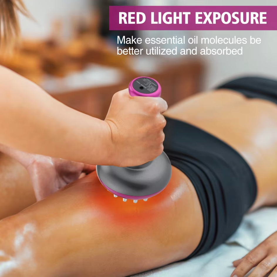 Massaggiatore elettrico a testa rotonda viola e grigia con area luminosa rossa sulla gamba.