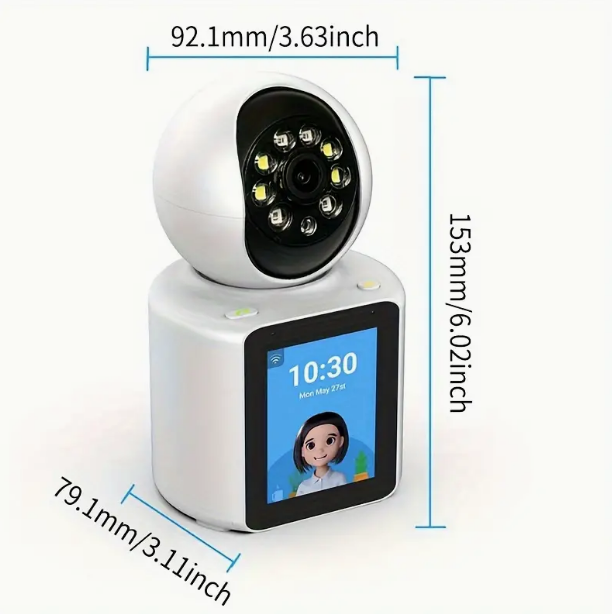 Videocamera di sicurezza PTZ bianca con schermo e lente frontale