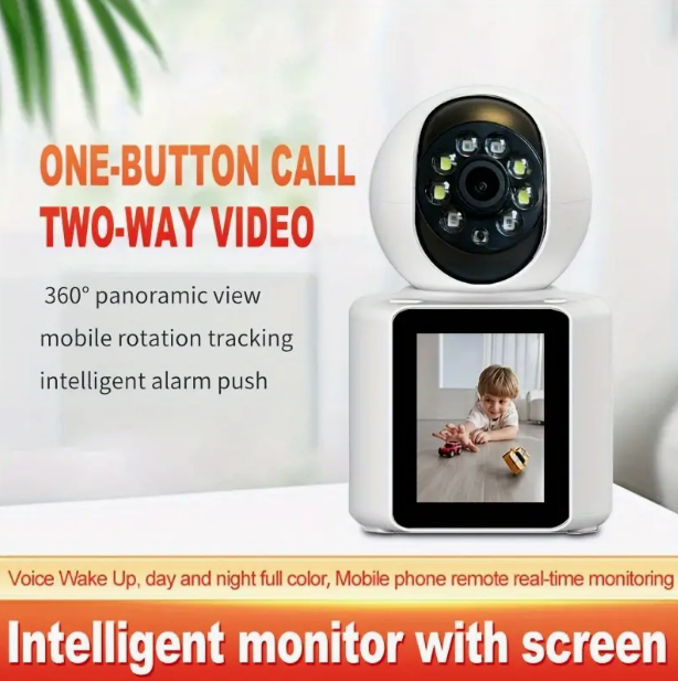 Videocamera di sicurezza bianca con lente frontale e schermo touch