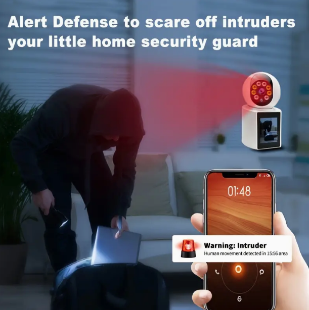 Videocamera di sicurezza bianca con luce rossa di allarme e schermo