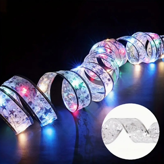 Nastro di Natale argentato con luci LED, rotolo illuminato multicolore