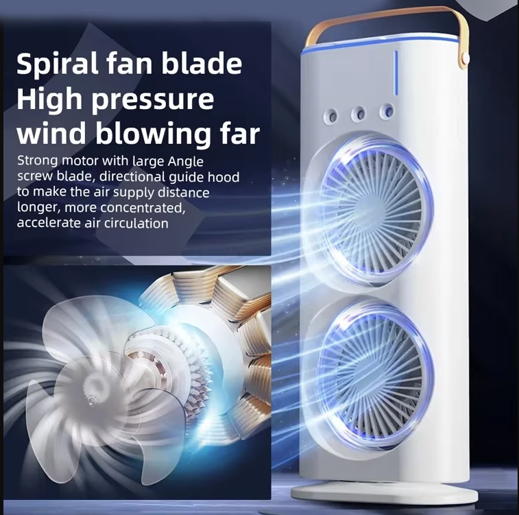 Ventilatore raffreddatore con doppia testa e luce blu, corpo bianco con impugnatura in rame