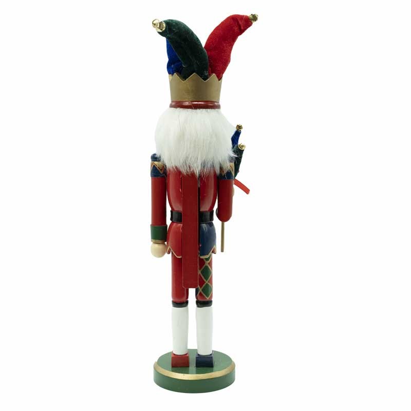 Schiaccianoci natalizio in legno con cappello jolly rosso-blu, barba bianca e bastone