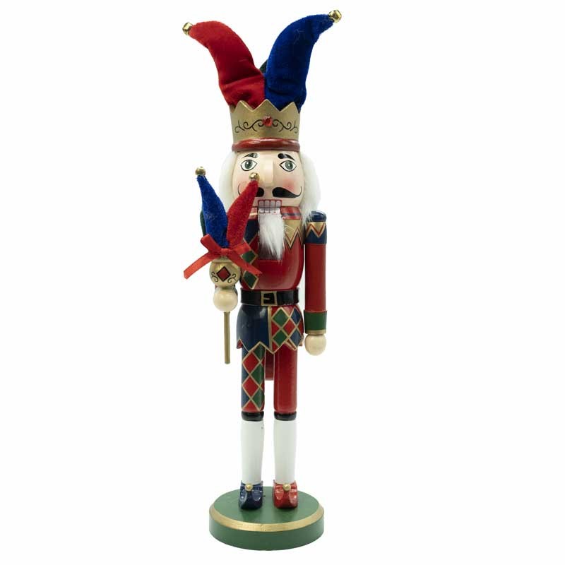 Schiaccianoci natalizio in legno con cappello jolly rosso-blu e divisa rossa/blu