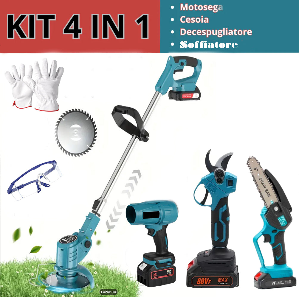 Kit giardinaggio 4 in 1 con soffiatore a batteria, motosega e accessori