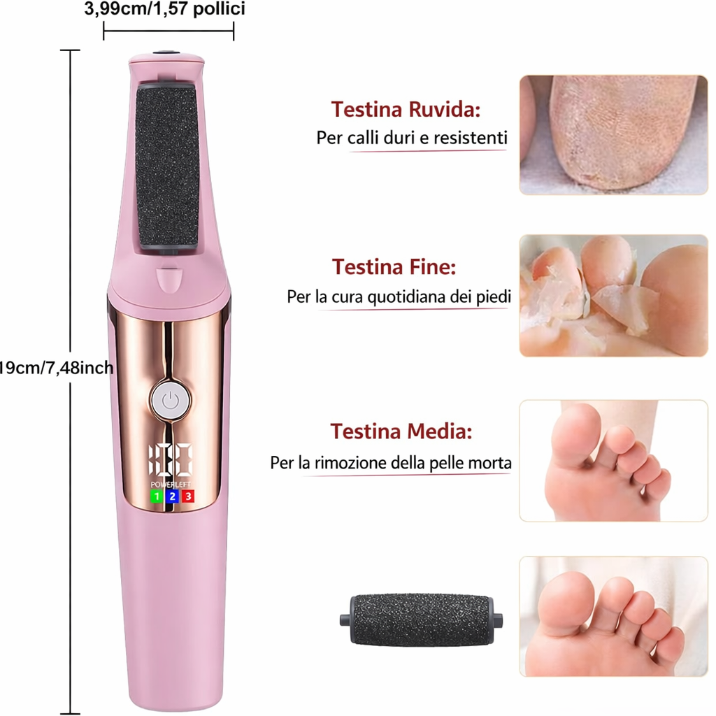 Pedicure Elettrico Professionale per Piedi – Lima Elettrica per Calli e Talloni – Rimuovi Pelle Morta – 3 Rulli Abrasivi – Display LED – Luce LED – Ricarica USB