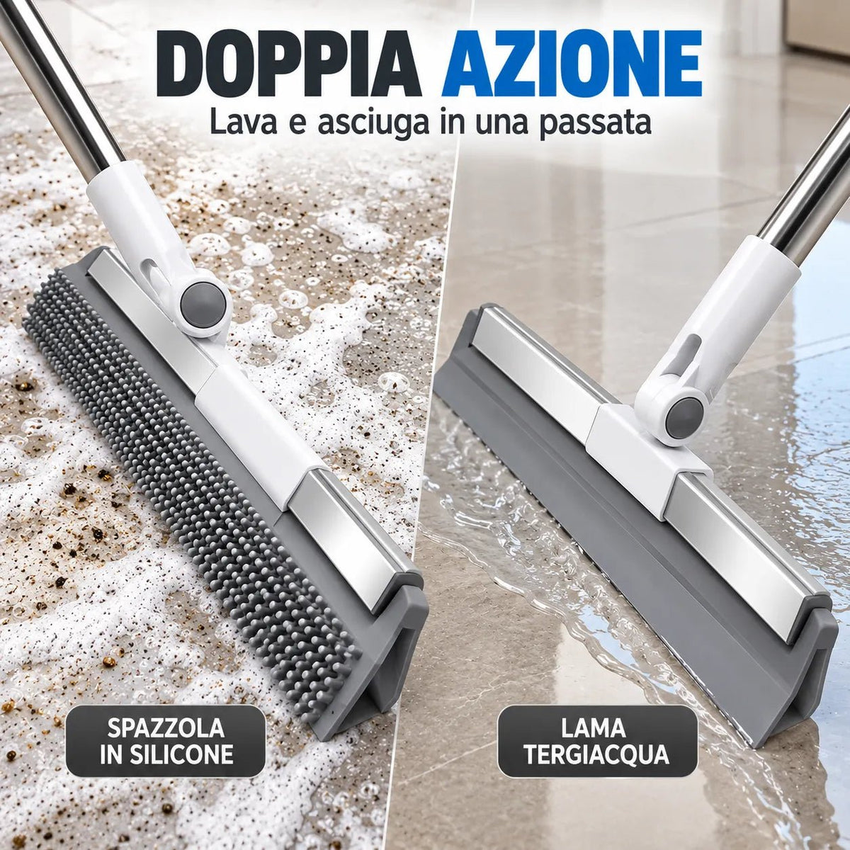Scopa Magica Doppia Azione 50 cm Spazzola e Tergipavimento 2 in 1 – Testa Girevole 180°, Manico 109 cm per Pavimenti, Vetri, Pulizia a Secco e Umido - | Prendilo Subito