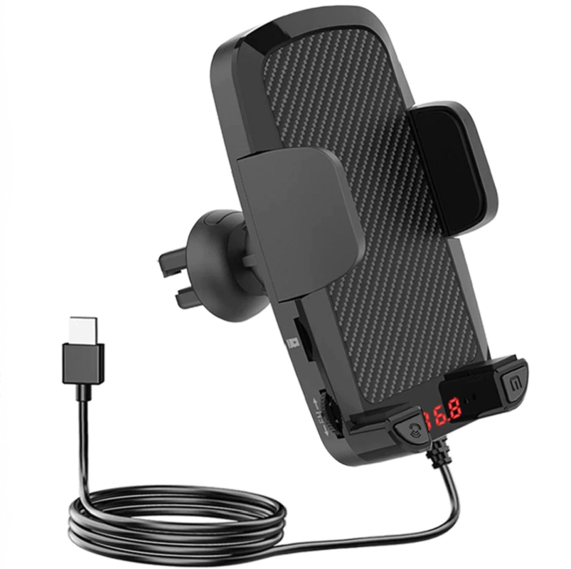 Supporto smartphone auto con porta bocchetta aria, clip carbonio e display FM rosso