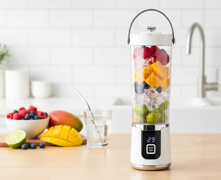 Frullatore portatile 500 ml bianco con display, bicchiere trasparente e frutta inclusa