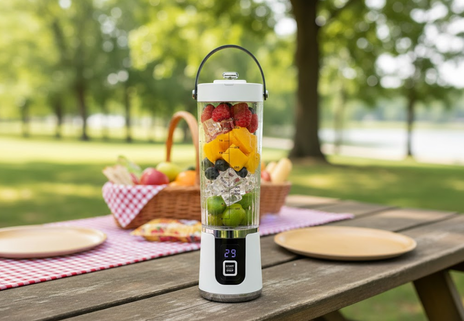 Frullatore portatile 500 ml con display, bicchiere trasparente su tavolo da picnic all’aperto