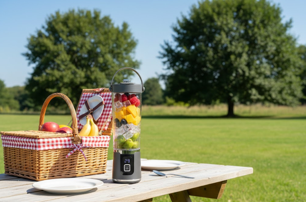 Frullatore portatile 500 ml con display e bicchiere trasparente, su tavolo in giardino