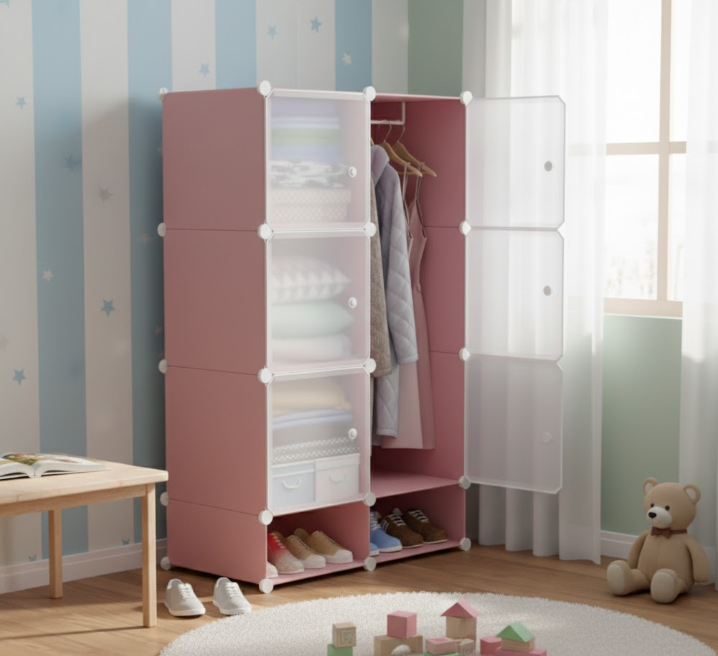 Armadio modulare bimbi con pannelli bianchi e rosa, ripiani laterali visibili