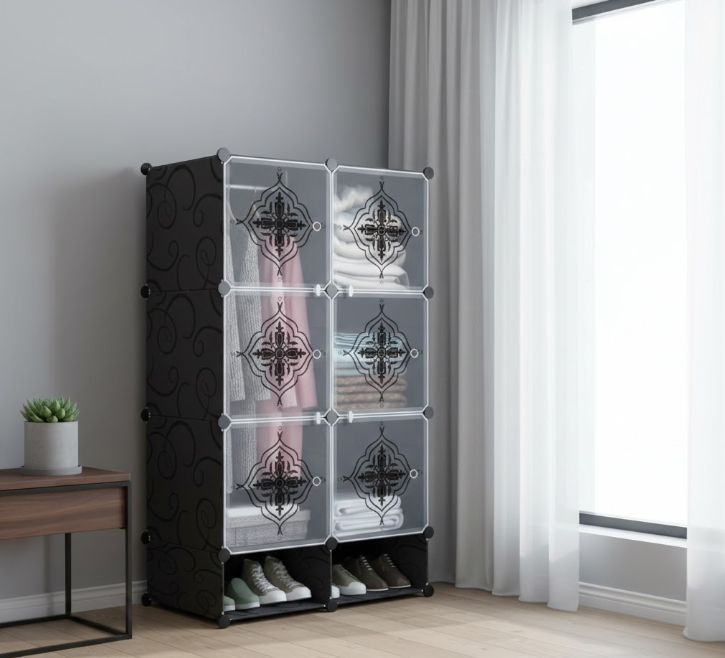 Armadio modulare bimbi nero con ante bianche decorative a motivi