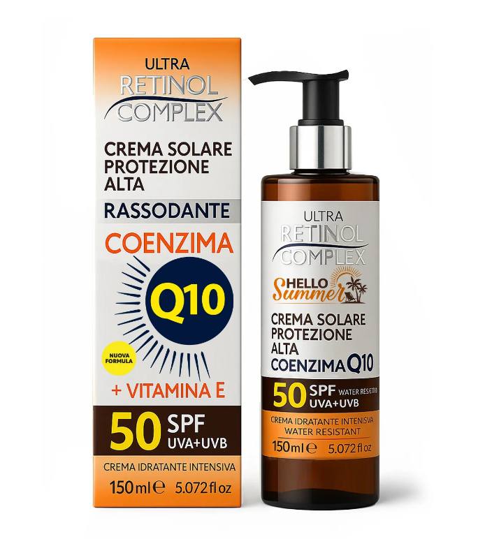 Crema solare in flacone ambrato con pompa nera e scatola, SPF 50