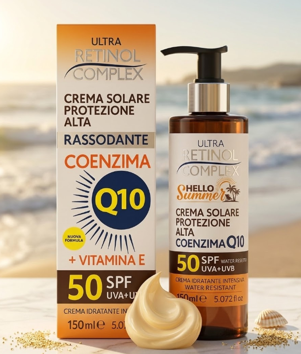 Crema solare SPF 50 in flacone ambrato con pompa nera e tappo argento