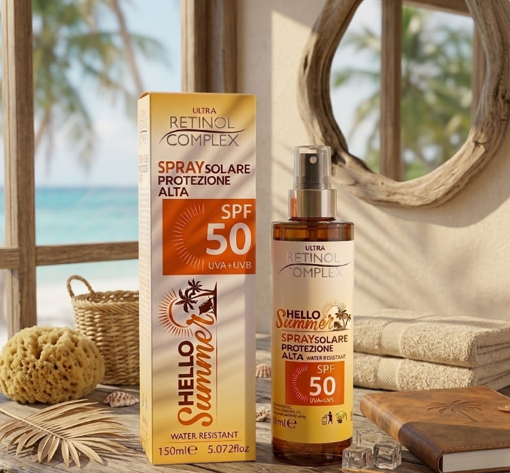 Spray solare SPF 50 con flacone spray e scatola Ultra Retinol Complex, 150 ml