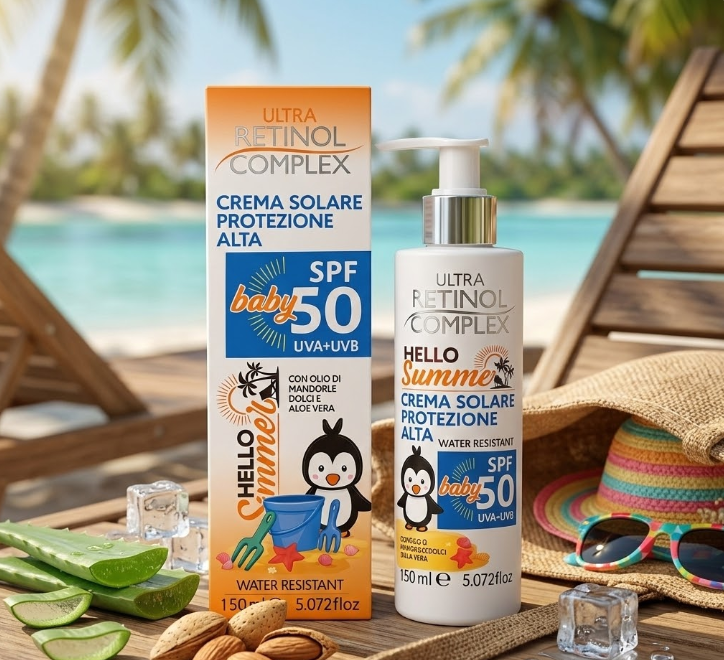 Crema solare baby SPF 50 Retinol Complex, confezione e flacone con pompa 150 ml