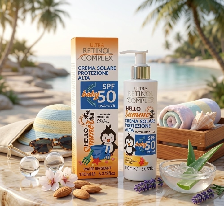 Crema solare baby SPF 50 Retinol Complex, flacone con pompa e box 150 ml