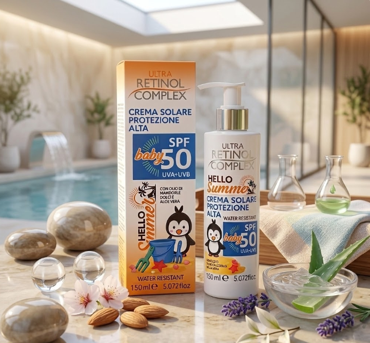 Crema solare baby SPF 50 Retinol Complex, flacone bianco con pompa 150 ml