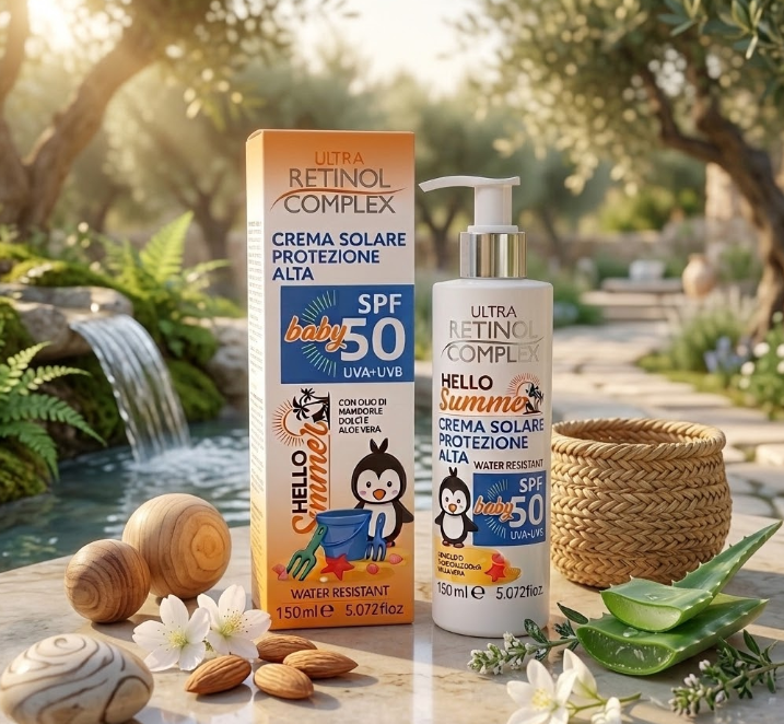 Crema solare baby SPF 50 Retinol Complex, flacone con pompa 150 ml water resistant