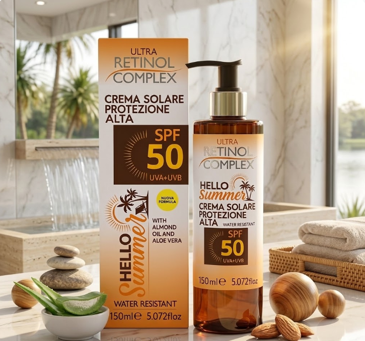 Crema solare SPF 50 Ultra Retinol Complex®: flacone con pompa 150 ml e confezione