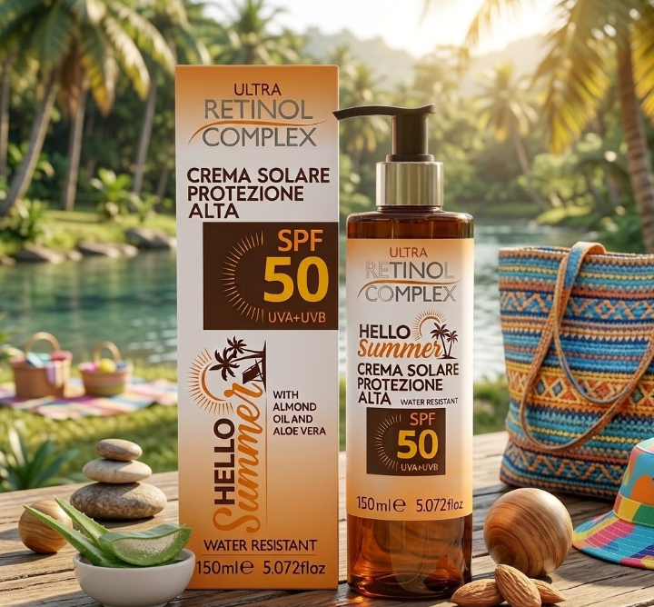 Crema solare SPF 50 Ultra Retinol Complex®, flacone ambrato con pompa e scatola 150 ml