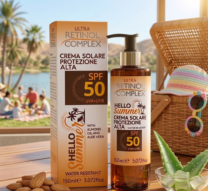Crema solare SPF 50 Ultra Retinol Complex®, box e flacone con pompa 150 ml