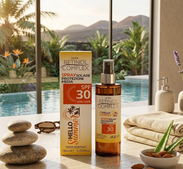 Spray solare SPF 30 con flacone ambrato e confezione a cartone, ugello spray