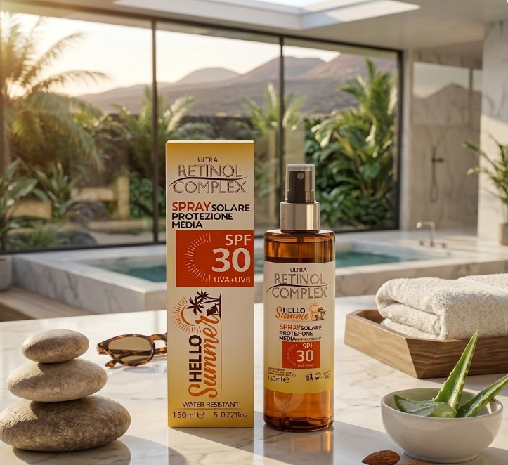 Spray solare SPF 30: flacone ambrato con spruzzatore e scatola, 150 ml