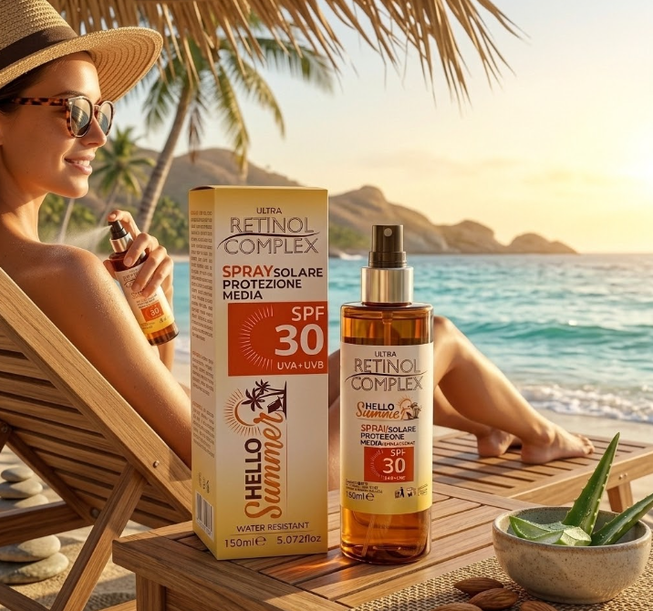 Spray solare SPF 30 con flacone ambrato spray e scatola; formato 150 ml