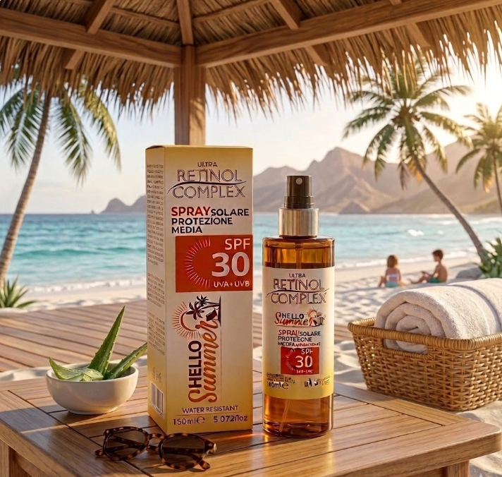 Spray solare SPF 30 in flacone ambrato con erogatore e confezione a scatola