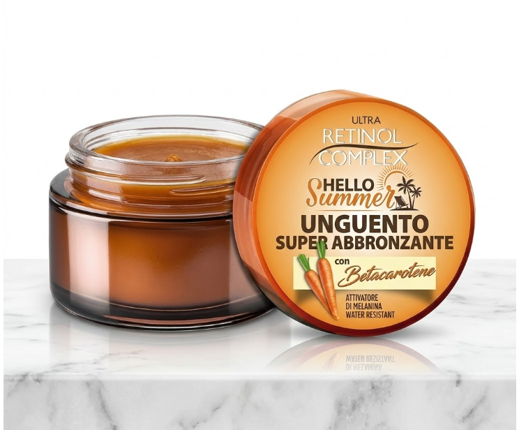 Vasetto unguento super abbronzante aperto con crema ambrata e coperchio arancione