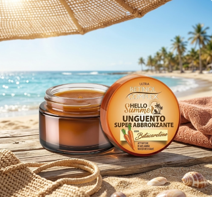 Vasetto unguento super abbronzante con coperchio arancione e crema ambrata nel barattolo