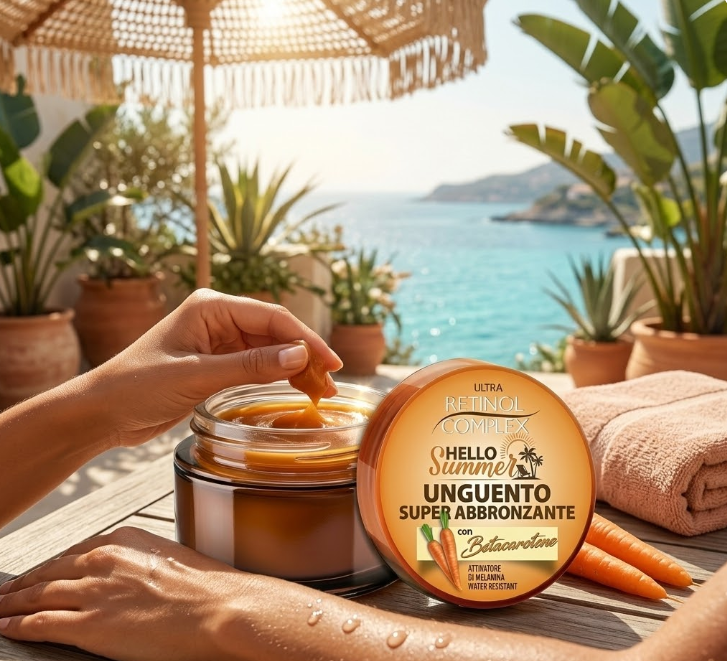 Mano con vasetto di unguento super abbronzante aperto, crema ambrata e coperchio arancione