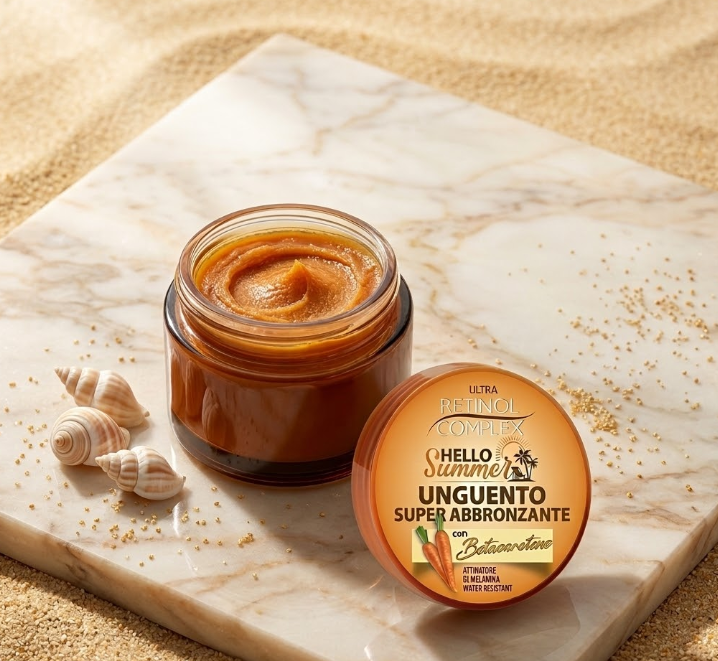 Vasetto unguento super abbronzante con crema ambrata e coperchio arancione