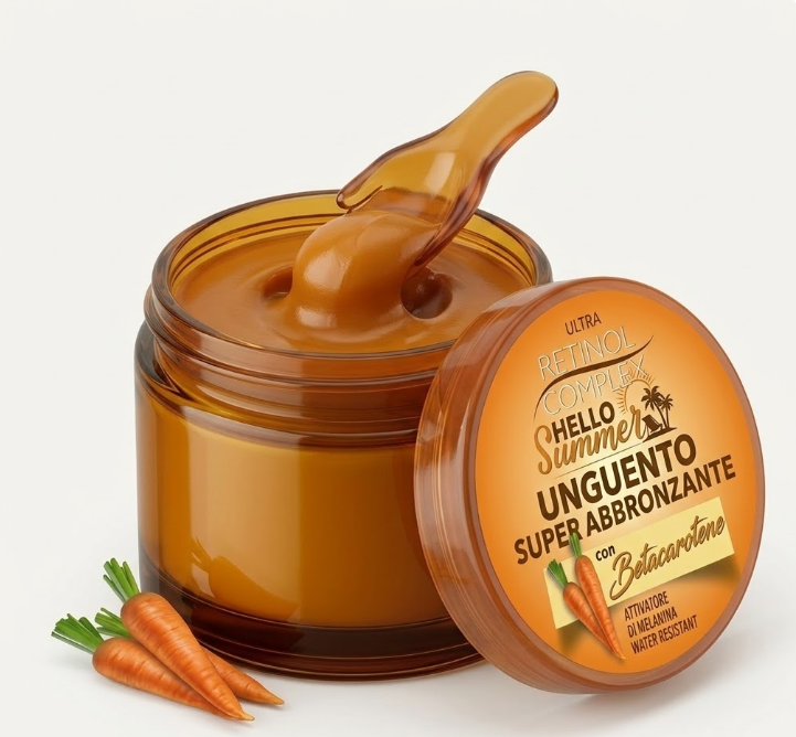 Vasetto unguento super abbronzante con coperchio, crema ambrata e paletta in vetro
